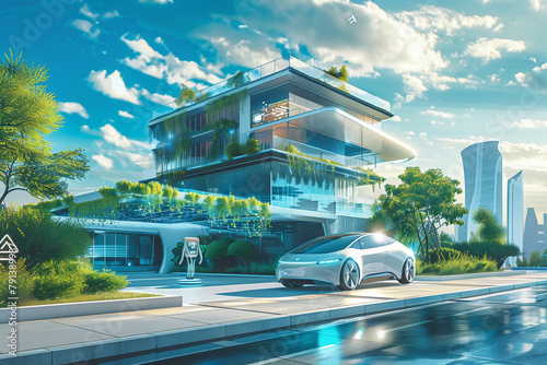 illustrating innovative technologies and the future, such as artificial intelligence in education and medicine, smart home gadgets, electric cars and autonomous vehicles. 