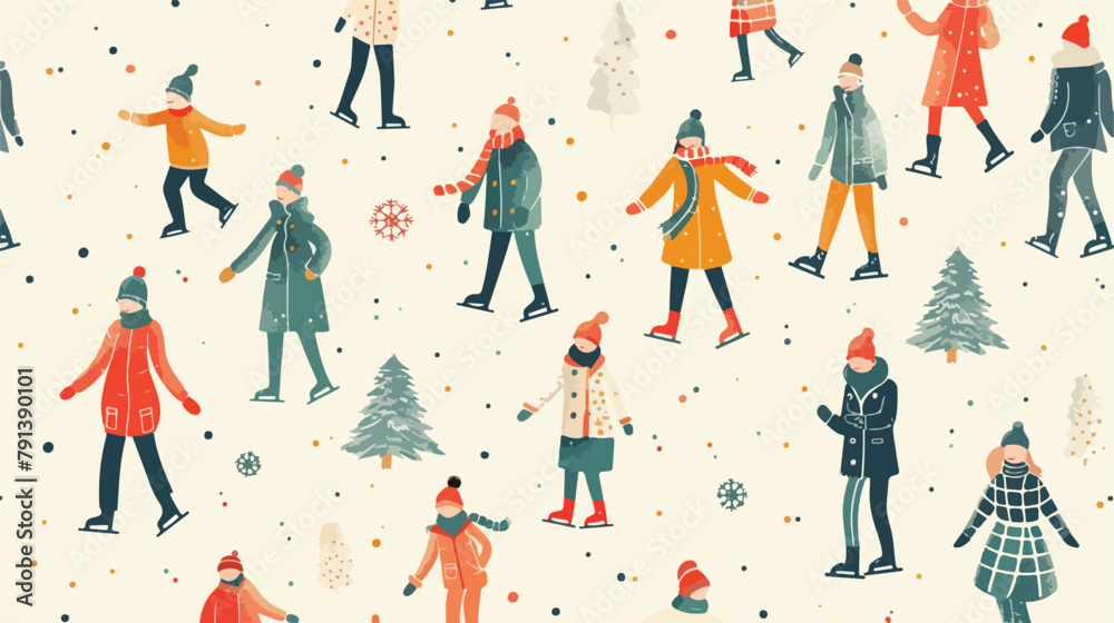 Seamless pattern with people dressed in winter clothe