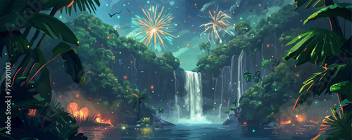 Lush waterfall surrounded by green jungles and mystical fireworks. Vector flat minimalistic isolated illustration in digital art style. © Coosh448