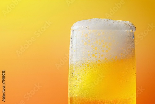 Frosty glass of beer with foam on orange and yellow background