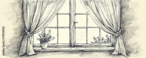 Window with curtains hand drawn sketch in doodle style. vector simple illustration