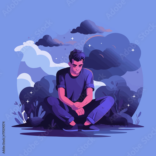 Depressed sad man thinking over problems. Bankruptcy, loss, crisis, burnout syndrome, relationship trouble concept. Vector illustration.