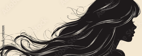 Silhouette of a beautiful girl with long hair in profile sketch hand drawn in doodle style. vector simple illustration
