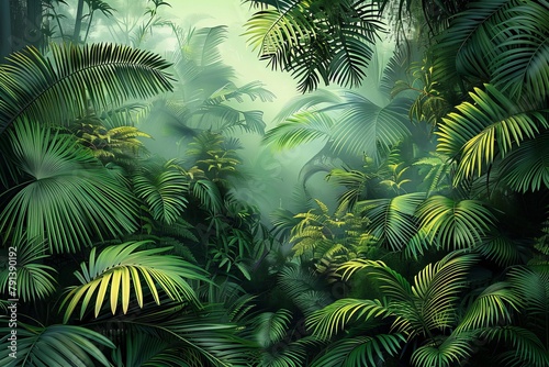 3d wallpapaper. Tropical forest, wild jungle. Closeup nature view of green leaf and palms background. Flat lay, dark nature concept, tropical leaf, Generative AI © Lyric Lens