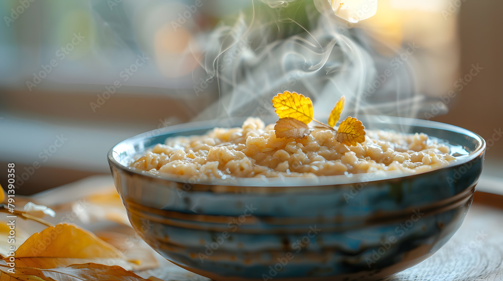 A bowl of oatmeal, with steam rising as the background, during a chilly winter morning A bowl of oatmeal, with steam rising as the background, during a chilly winter morning