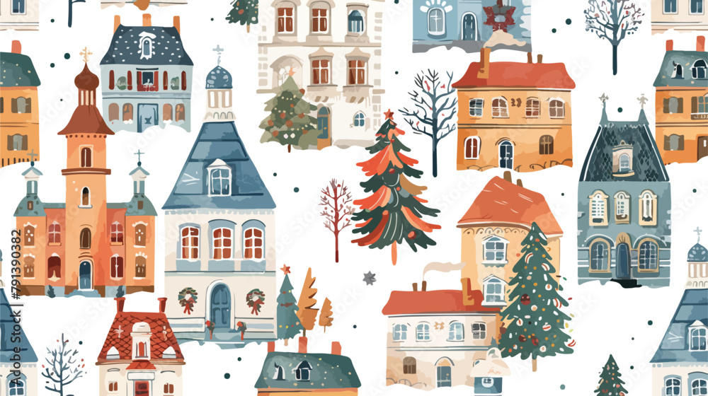 Seamless pattern with residential buildings and chape