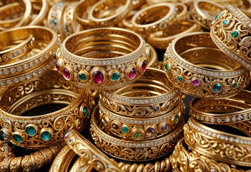 A collection of gold bangles and bracelets adorned with dazzling diamonds, radiating elegance and sophistication