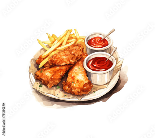 Watercolor Watercolor Fried Chicken with fried fries clipart for graphic resources