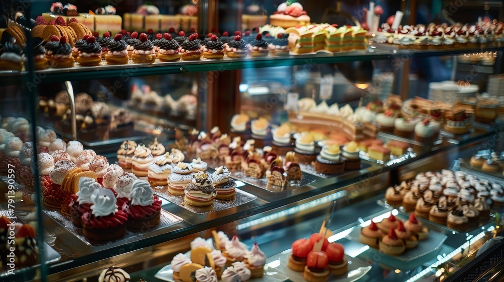 Luxurious tropical bakery buffet, filled with a wide array of desserts and cakes, presented on a mirror-like polished counter for self-service