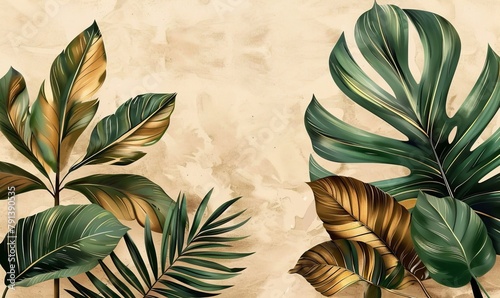 Vintage tropical green brown leaves, beige background, golden texture. Luxury mural, premium wallpaper. 3d painting illustration, watercolor design. Seamless border. Stylish cloth, paper,Generative AI photo