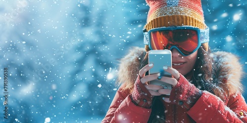 A youthful female sporting ski attire capturing an image with her mobile device. photo