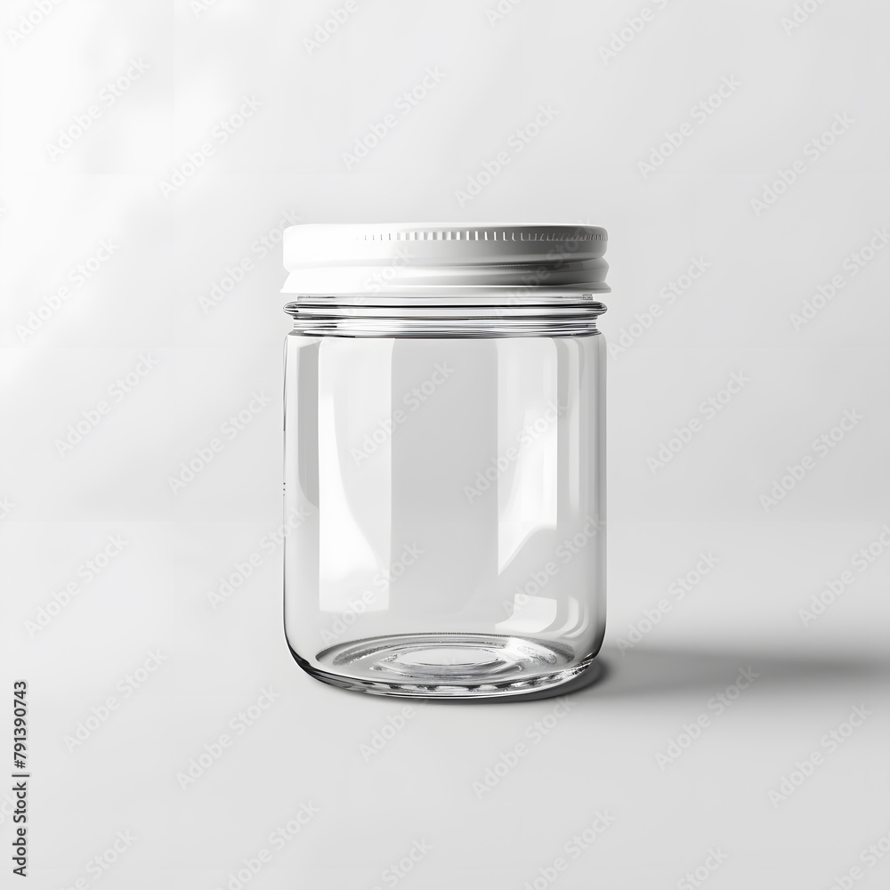 Empty glass jar with white metal lid mock up isolated on white background Empty glass jar with white metal lid mock up isolated on white background