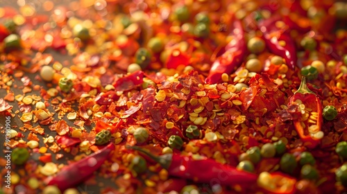 Intense close-up of chili pepper flakes with a scattering of red and green pods, capturing the essence of heat and spice photo