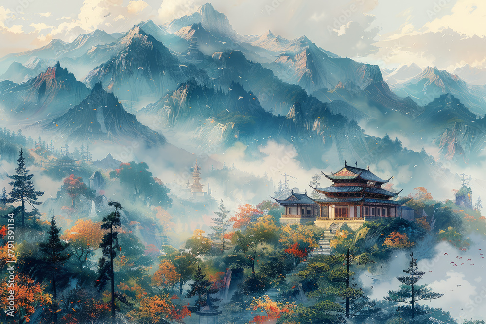 Tranquil lakes with mist-shrouded peaks and traditional Chinese architectural paintings Tranquil lakes with mist-shrouded peaks and traditional Chinese architectural paintings