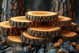 Pile of cutted tree trunks with pine cones on dark background