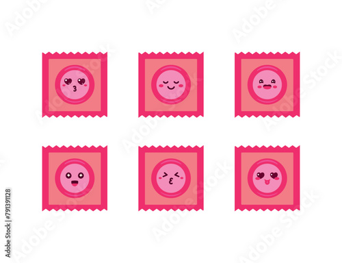 Vector collection of cute condoms in flat style. The concept of protection from unwanted pregnancy, protection from HIV. Condoms with cute faces and emotions. International HIV Day.