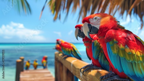Group of colorful parrots on a tropical pier, vibrant feathers contrasted against the blue ocean, sunny day ambiance