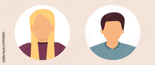 Vector flat illustration. Stylish profile of a woman and a man. Avatar, user profile, person icon, silhouette, profile picture. Suitable for social media profiles, icons, screensavers and as a templat photo