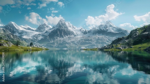 A tranquil mountain lake nestled among snow-capped peaks, its crystal-clear waters reflecting the azure sky above, with a lone canoe drifting peacefully across the mirror-like surface,