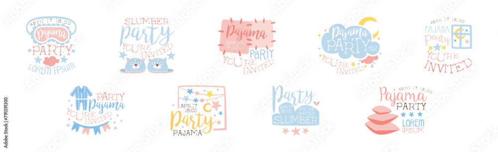 Fototapeta premium Pajama and Slumber Party Invitation Text Vector Set