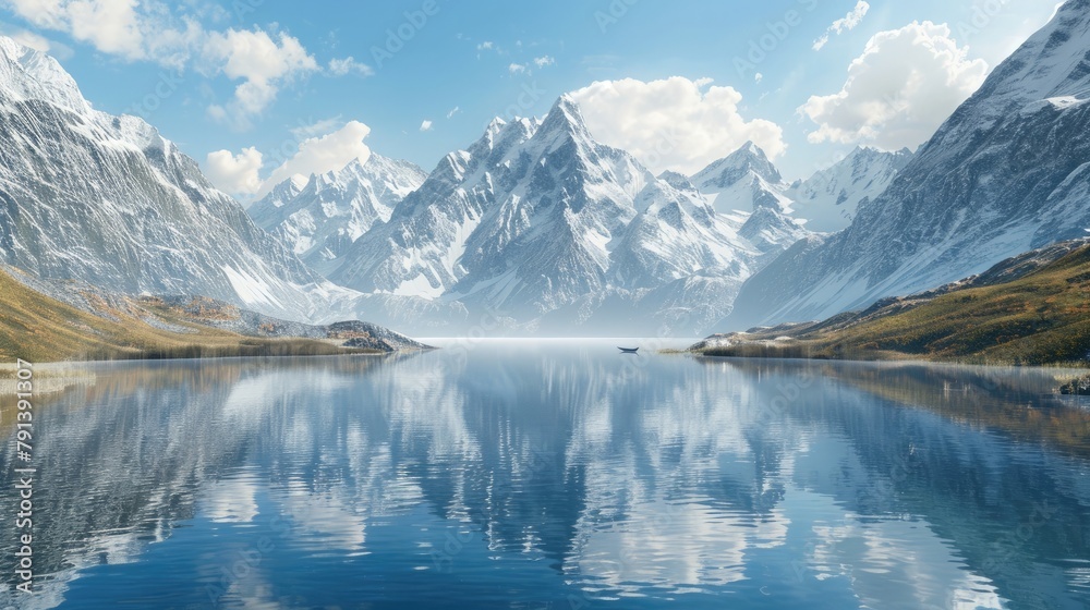 A tranquil mountain lake nestled among snow-capped peaks, its crystal-clear waters reflecting the azure sky above, with a lone canoe drifting peacefully across the mirror-like surface,