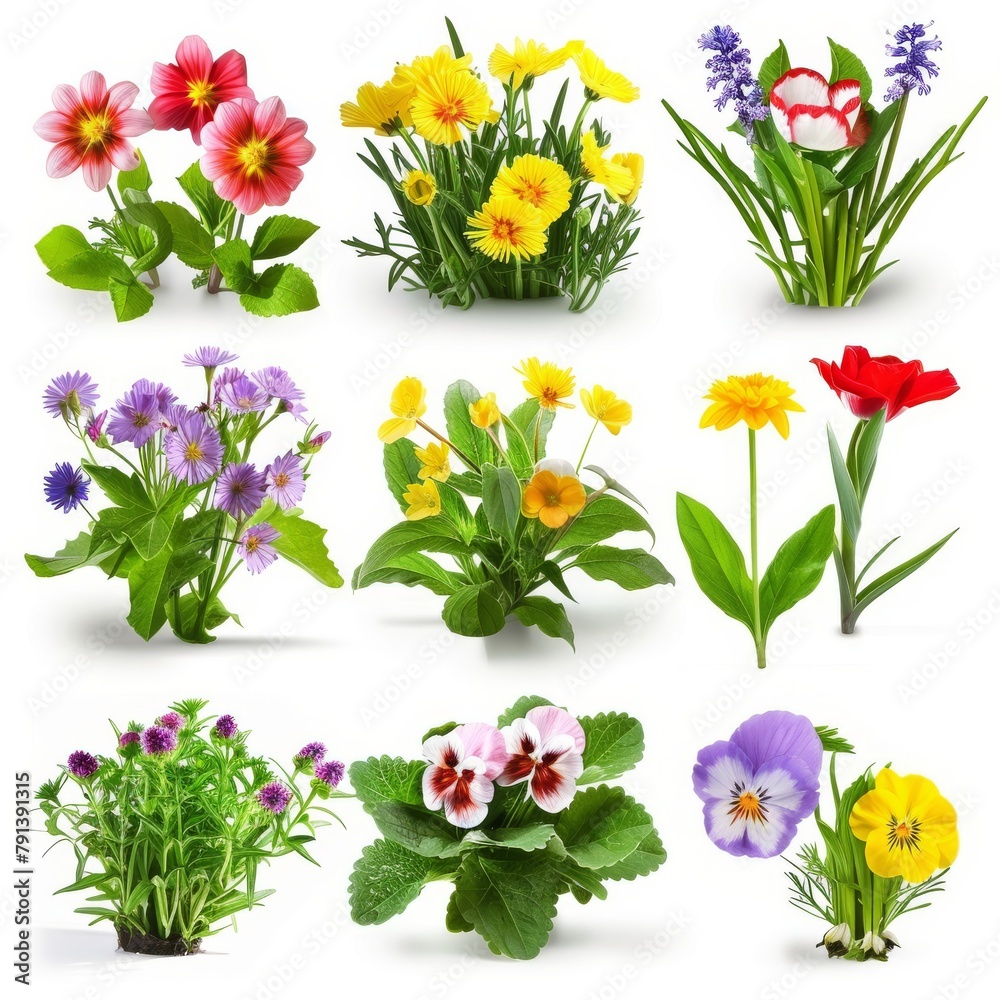 Obraz premium Flat lay view of various pressed colorful flowers and green leaves artistically arranged on a clean white background, perfect for crafting and decor.