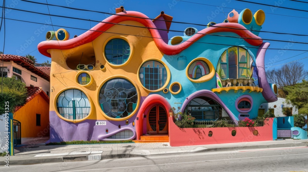 A colorful house with many windows and a lot of holes. Generative AI.