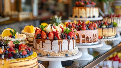 Fresh and inviting display of tropical cakes and desserts at a bakery buffet, emphasizing a sparkling clean and organized counter setup