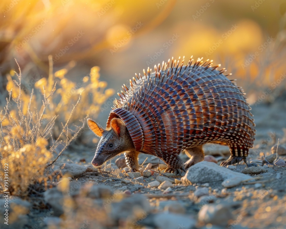 Obraz premium A small armadillo walking through a field of rocks. Generative AI.