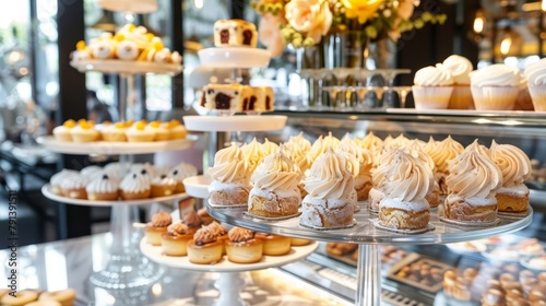Elegant self-service buffet at a tropical bakery, featuring rows of exquisite desserts and cakes on a spotless, shiny counter
