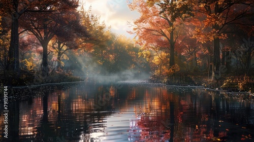 A tranquil river winding its way through a dense forest  flanked by towering trees with vibrant foliage ablaze in the colors of autumn  their reflections dancing on the water s surface.