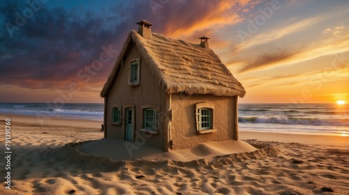 A small house on the beach at sunset. Generative AI.