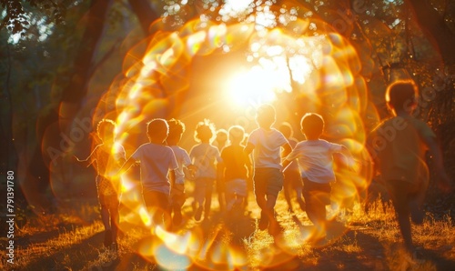 A group of children running through a forest with the sun behind them. Generative AI.