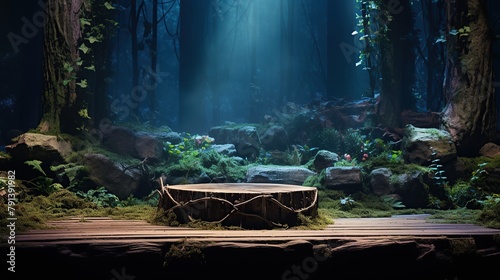 A log pedestal in front of a magical forest, vibrant stage backdrops