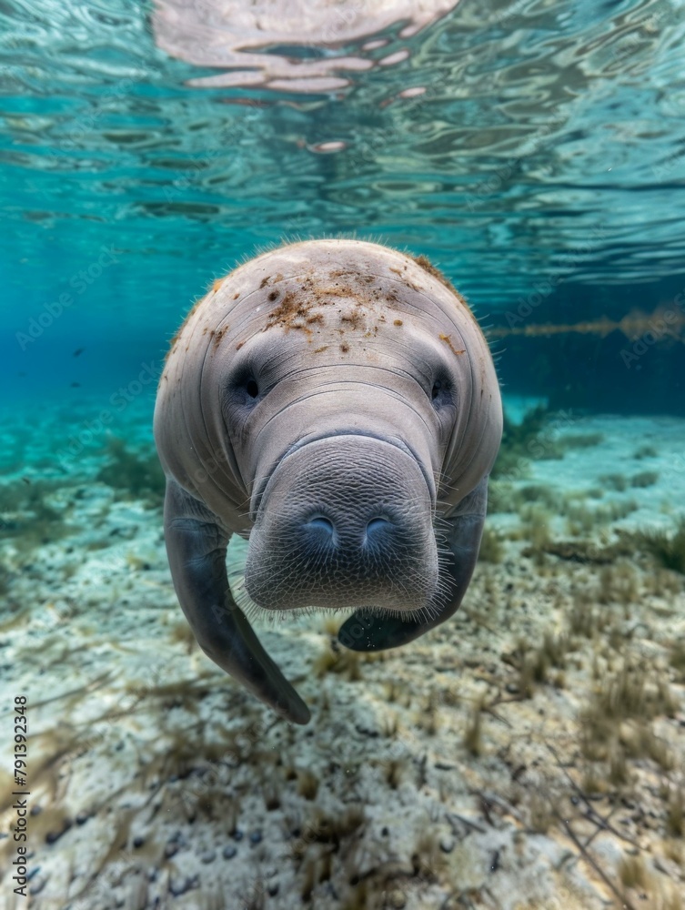Fototapeta premium A manatee swimming in the shallow waters of a coral reef. Generative AI.