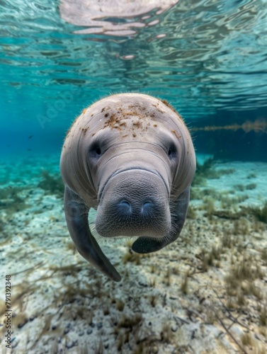 A manatee swimming in the shallow waters of a coral reef. Generative AI.