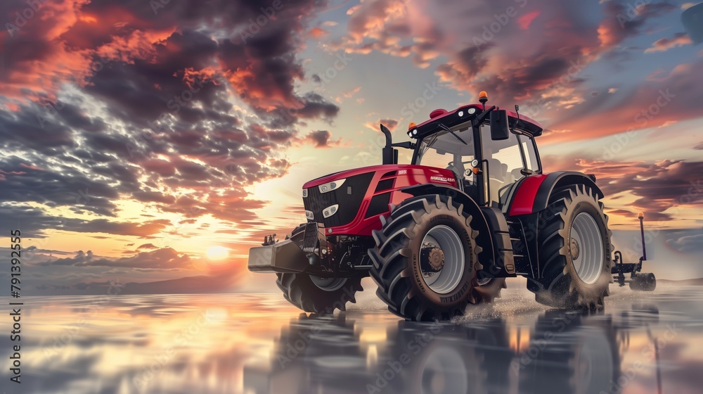 Red Tractor Parked in Front of Sunset Red Tractor Parked in Front of Sunset