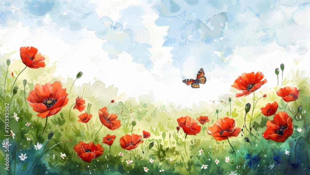 Obraz premium Beautiful watercolor painting of red poppies and a butterfly on the meadow