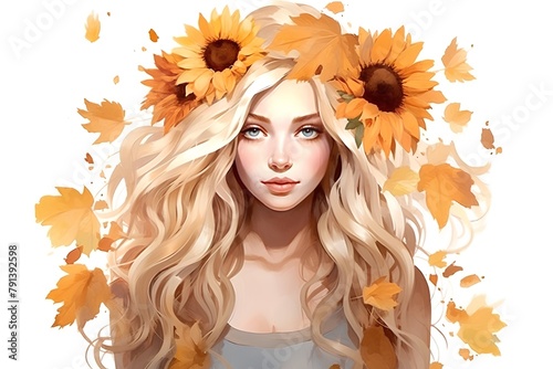 Beautiful blonde girl with autumn leaves on her head. Vector illustration.