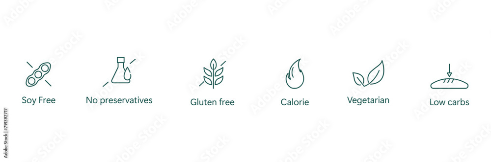 Fototapeta premium Ultimate Health Food Icon: Soy-Free, Preservative-Free, Gluten-Free, Nut-Free, Caffeine-Free, Flavor-Free, Sugar-Free, Salt-Free Vector Design
