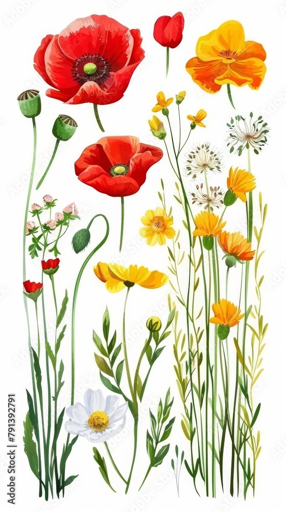 Fototapeta premium Flat lay view of various pressed colorful flowers and green leaves artistically arranged on a clean white background, perfect for crafting and decor.