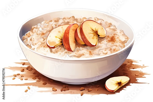 Oatmeal porridge with apples in a bowl. Vector illustration.