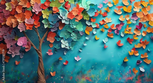 Colorful two-tree with vibrant leaves hanging branches illustrates a blue background. Floral tree with multicolor leaves. Bright color 3d abstraction wallpaper for interior mural wall art,GenerativeAI photo