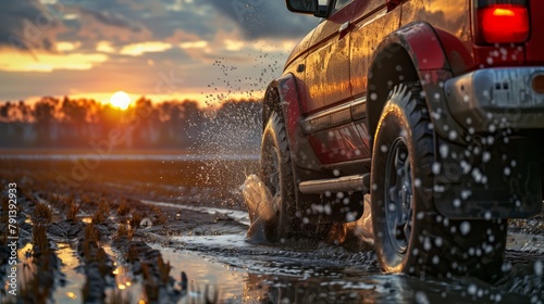 Red Truck Driving Through Puddle of Water photo