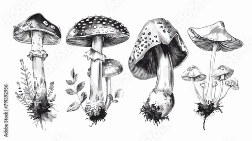 Set of Four inedible mushrooms with titles on white background photo