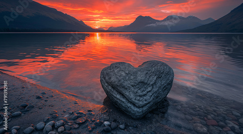 Un rocher en forme de cœur placé sur la rive d'un lac au lever du soleil, avec des montagnes et des reflets dans l'eau. Le ciel est peint en rouge comme le soleil couchant. photo