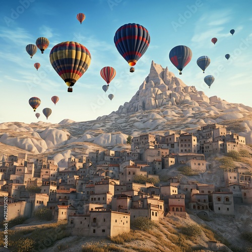 Hot air balloons flying over the ancient town of Cappadocia