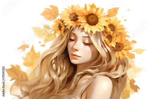 Beautiful girl with sunflowers in her hair. Vector illustration.