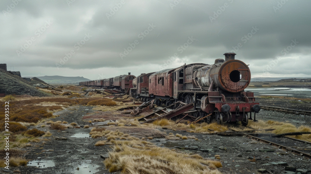 A desolate train graveyard with rotting engines and broken carriages slowly being reclaimed by nature their ghostly forms haunting the barren landscape. . A desolate train graveyard with rotting engines and broken carriages slowly being reclaimed by nature their ghostly forms haunting the barren landscape. .
