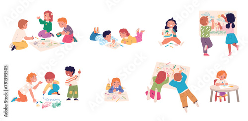 Kids painting hobby. Child art workshop, happy children creating paintings together, preschool kid friends study draw with color pencil creative picture classy vector illustration © ssstocker